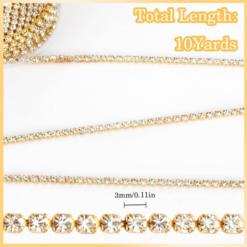 Liwidon Rhinestone Trim, 10 Yards White Gold Bling Diamond Rhinestone Strips 3mm Glitter Crystal Rhinestone Close Chain Ribbon Tape for Sewing DIY Crafting Jewelry - Image 4